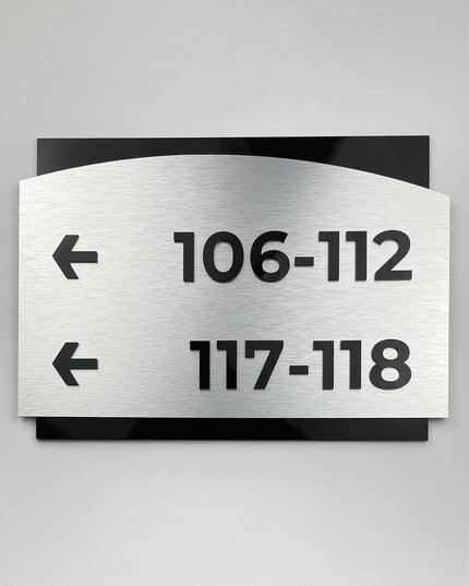 Directional wayfinding sign Flow Design by ALUMADESIGNCO featuring elegant modern styling, premium wall signage for offices, hotels, and apartment interiors
