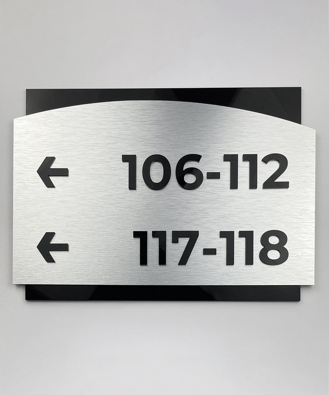 Directional wayfinding sign Flow Design by ALUMADESIGNCO featuring elegant modern styling, premium wall signage for offices, hotels, and apartment interiors