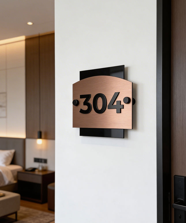 Brushed Bronze Standoff Number Signage with 3D Acrylic Numbers - "Flow" Design - ALUMADESIGNCO Door Signs - Custom Door Signs For Business & Office