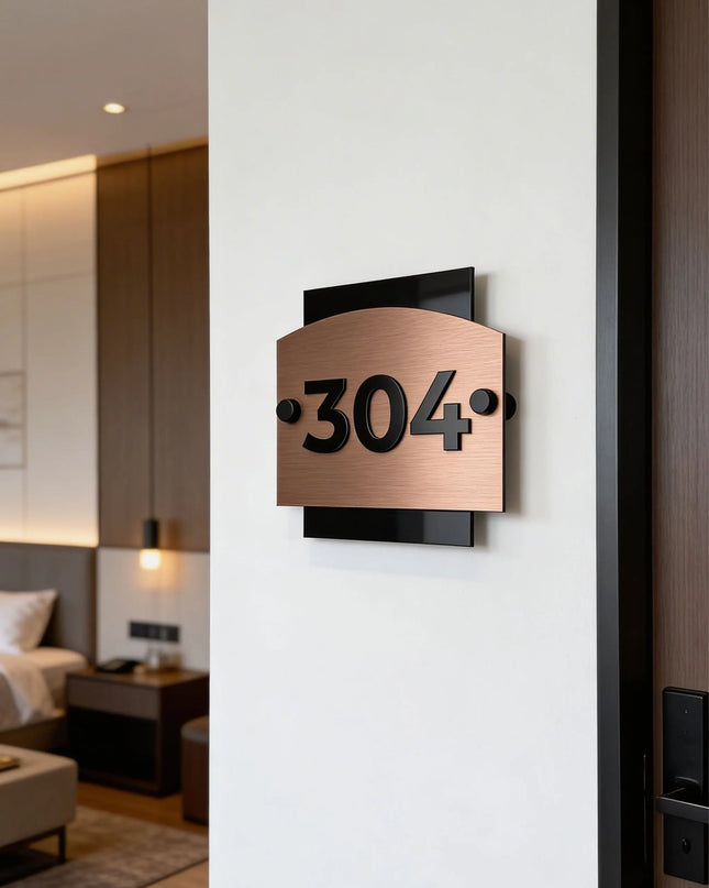 Brushed Bronze Standoff Number Signage with 3D Acrylic Numbers - "Flow" Design - ALUMADESIGNCO Door Signs - Custom Door Signs For Business & Office