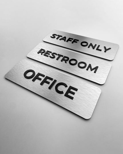 Custom silver metal and black acrylic office door sign by ALUMADESIGNCO, elegant plaque for offices, meeting rooms, and contemporary interiors