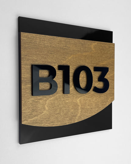 Custom hotel room number sign Flow Design by ALUMADESIGNCO featuring birch plywood base and acrylic numbers, modern Scandinavian door plaque for hotel corridors and apartments