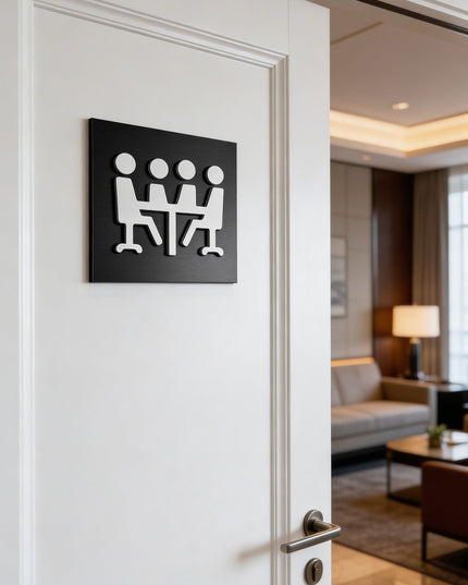ALUMADESIGNCO conference room door sign with minimalist modern style, office signage for meeting rooms, hotels, studios, and contemporary interiors
