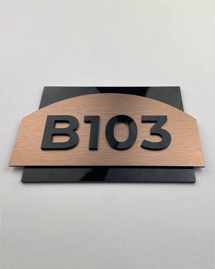 3D layered apartment door number sign Flow Design by ALUMADESIGNCO featuring wood and acrylic layers, modern door plaque for apartments and contemporary interiors