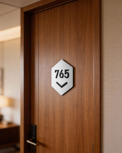 ALUMADESIGNCO custom Hexagon room number sign with silver plaque and acrylic numbers, premium geometric door signage for boutique hotels and modern interiors