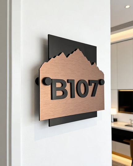 ALUMADESIGNCO Alpine Design modern standoff wall number sign in brushed bronze and black acrylic, premium hotel room and apartment door number signage