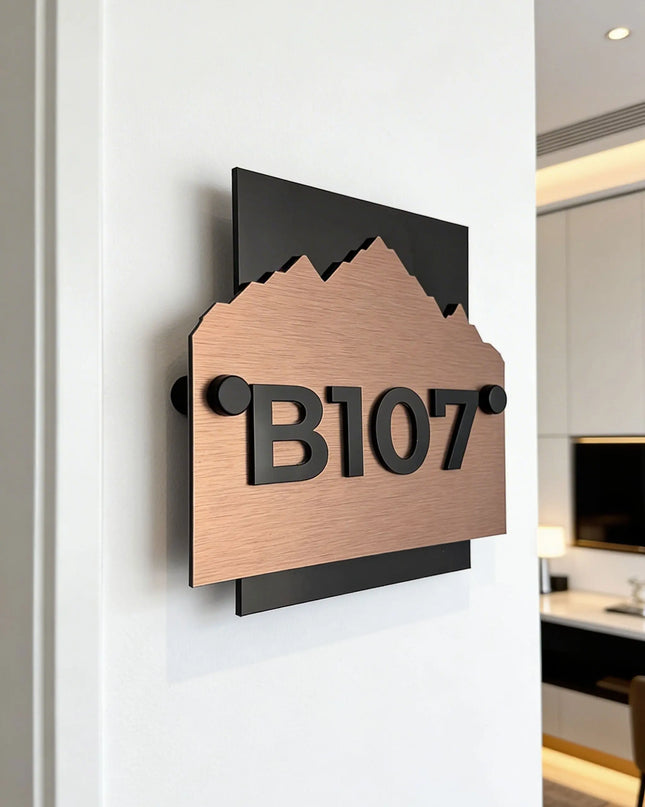 ALUMADESIGNCO Alpine Design modern standoff wall number sign in brushed bronze and black acrylic, premium hotel room and apartment door number signage