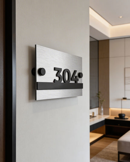 ALUMADESIGNCO Horizon Design modern standoff hotel room number sign with brushed metal plaque and raised black acrylic numbers, premium wall signage with standoff mounting for boutique hotels