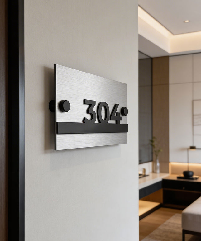 ALUMADESIGNCO Horizon Design modern standoff hotel room number sign with brushed metal plaque and raised black acrylic numbers, premium wall signage with standoff mounting for boutique hotels