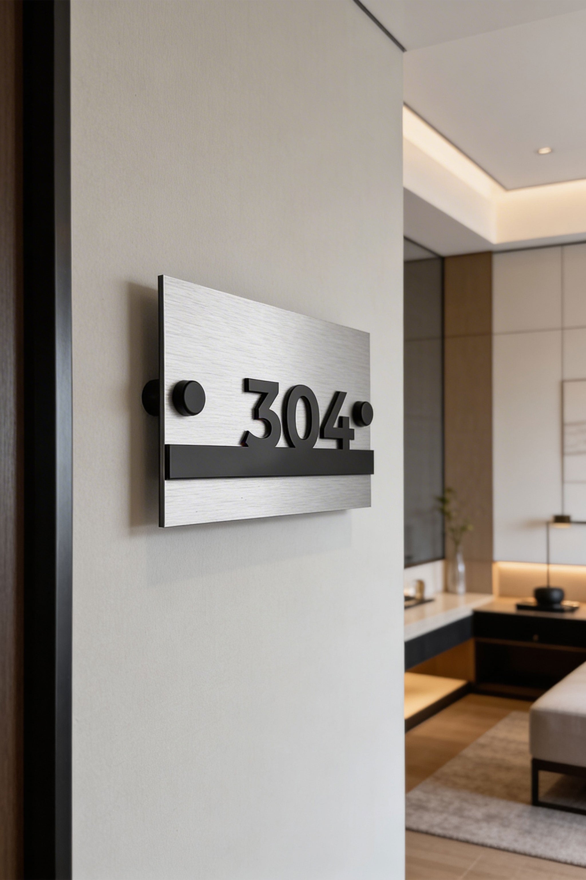 ALUMADESIGNCO Horizon Design modern standoff hotel room number sign with brushed metal plaque and raised black acrylic numbers, premium wall signage with standoff mounting for boutique hotels
