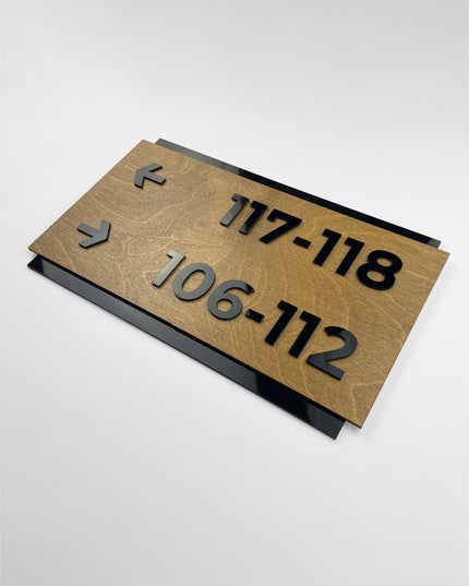 ALUMADESIGNCO birch wood directional wall sign with modern minimalist style, stylish wayfinding signage for offices, hospitality spaces, apartment buildings, and interiors