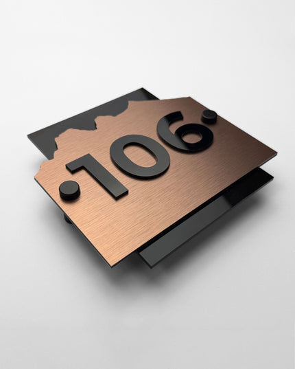 Modern brushed bronze and acrylic standoff wall number sign Alpine Design by ALUMADESIGNCO for hotels, apartments, Airbnb properties, and office interiors