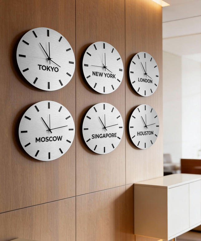 ALUMADESIGNCO premium brushed silver world time zone clock with custom city names, modern wall clock décor for offices, hotels, studios, and contemporary interiors