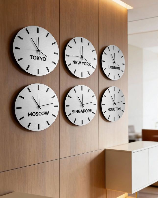ALUMADESIGNCO premium brushed silver world time zone clock with custom city names, modern wall clock décor for offices, hotels, studios, and contemporary interiors