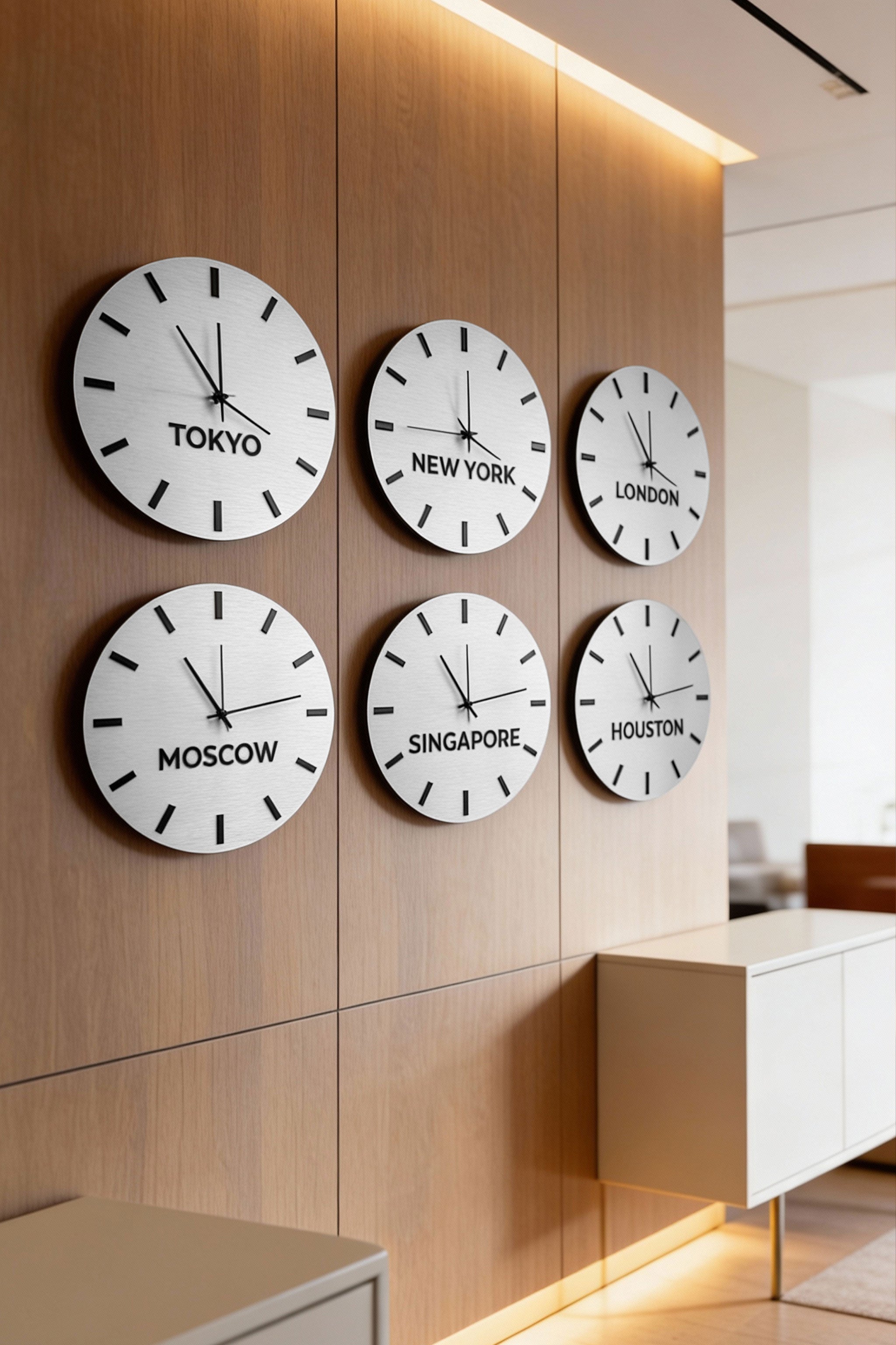 ALUMADESIGNCO premium brushed silver world time zone clock with custom city names, modern wall clock décor for offices, hotels, studios, and contemporary interiors