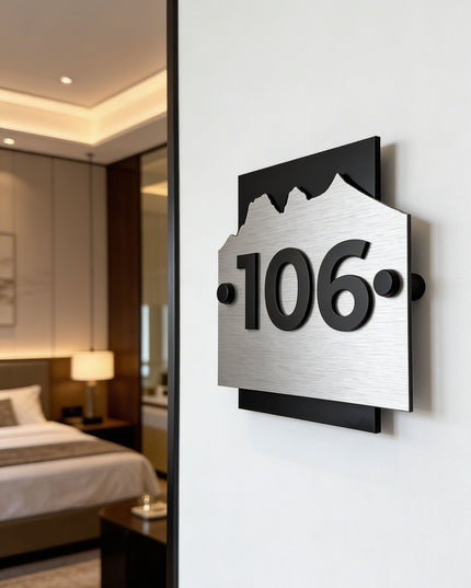 Premium Alpine Design hotel room number plaque by ALUMADESIGNCO combining brushed silver aluminum and black acrylic numbers, modern standoff wall sign for hotels and offices