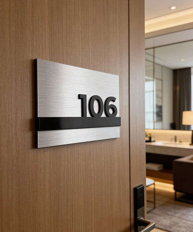 ALUMADESIGNCO Horizon Design brushed silver room number sign with black acrylic glass numbers, modern hotel door number plaque for boutique hotels, apartments, and contemporary interiors