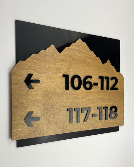 Birch wood and black acrylic directional sign Alpine Design by ALUMADESIGNCO, elegant wayfinding plaque for offices, hotels, corridors, and modern interior spaces