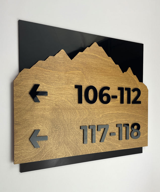 Birch wood and black acrylic directional sign Alpine Design by ALUMADESIGNCO, elegant wayfinding plaque for offices, hotels, corridors, and modern interior spaces