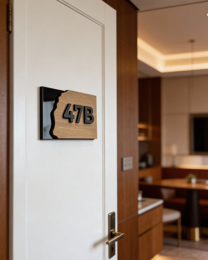 Modern Fusion Design apartment number sign by ALUMADESIGNCO combining wood and acrylic numbers, stylish door signage for apartments and hotel interiors