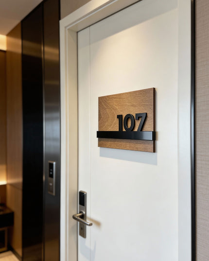 Wooden apartment door number sign Horizon Design by ALUMADESIGNCO featuring natural birch wood base and raised glossy black acrylic numbers for modern residential interiors