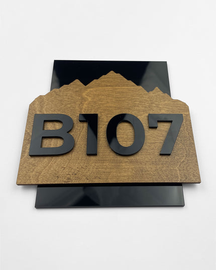 Custom wooden hotel room number sign Alpine Design by ALUMADESIGNCO featuring natural birch wood and acrylic numbers, modern door plaque for hotels and apartments