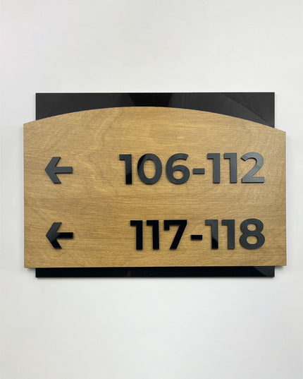 ALUMADESIGNCO birch wood and black acrylic directional plaque with arrow in Flow Design, minimalist modern signage for offices, apartments, hotels, and commercial buildings