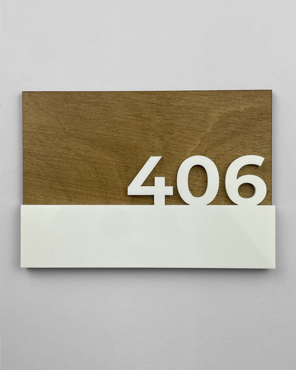 ALUMADESIGNCO Horizon birch wood door number plaque with 3D glossy white acrylic glass numbers, modern interior signage for hotels, offices, and residential spaces