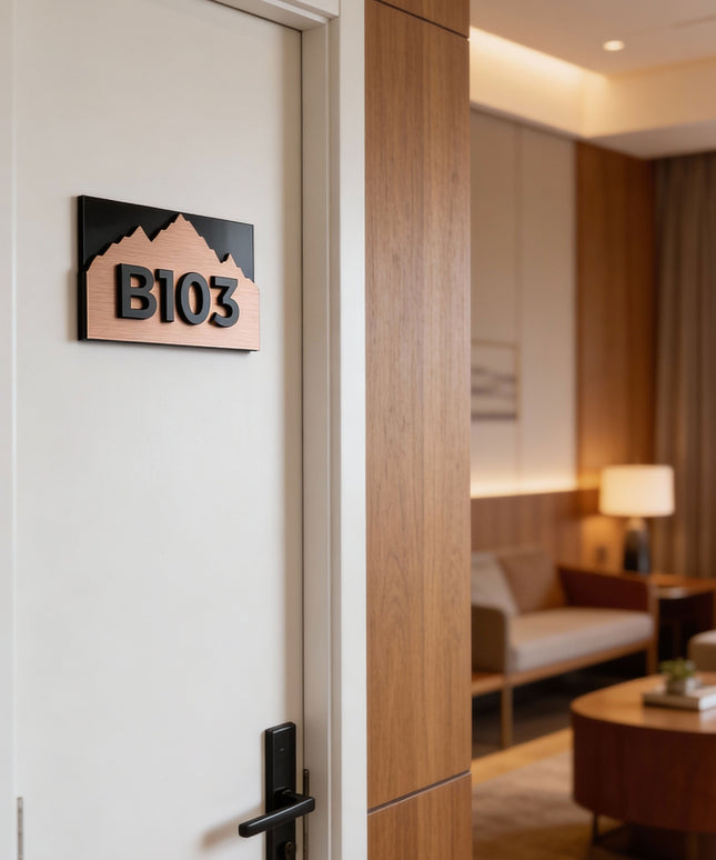 Modern Alpine Design custom bronze hotel room number sign by ALUMADESIGNCO combining brushed bronze metal panel and acrylic numbers, stylish door signage