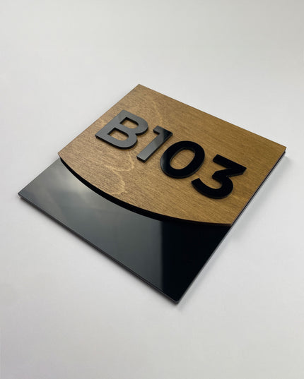 Modern wood and acrylic hotel room number sign Flow Design by ALUMADESIGNCO, stylish door plaque for hotel corridors and apartment interiors
