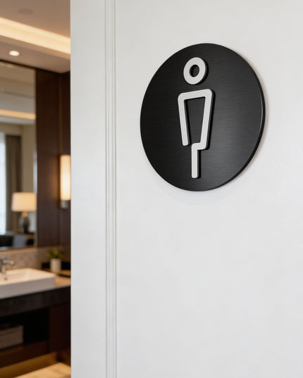 Modern male only toilet sign by ALUMADESIGNCO featuring clean durable style, elegant restroom signage for hotels, cafés, offices, and public interiors