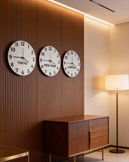 ALUMADESIGNCO elegant international time zone wall clock with custom city names, modern office wall décor for hotels, studios, reception areas, and contemporary interiors