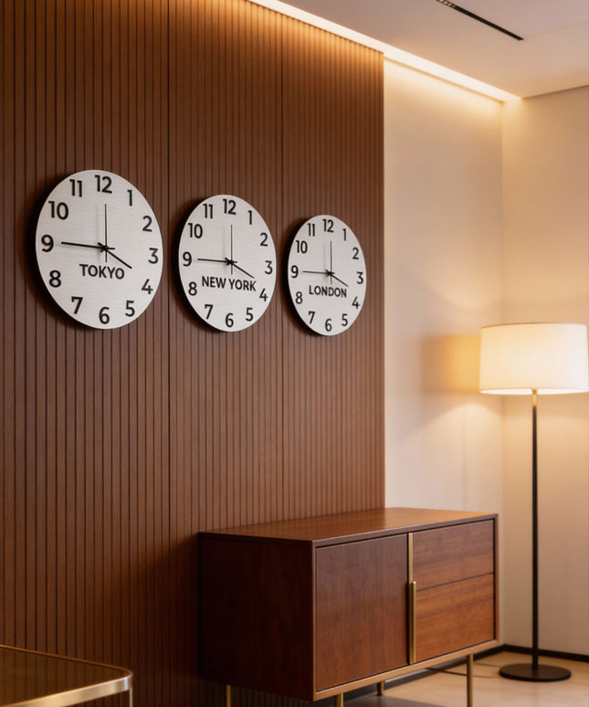 ALUMADESIGNCO elegant international time zone wall clock with custom city names, modern office wall décor for hotels, studios, reception areas, and contemporary interiors
