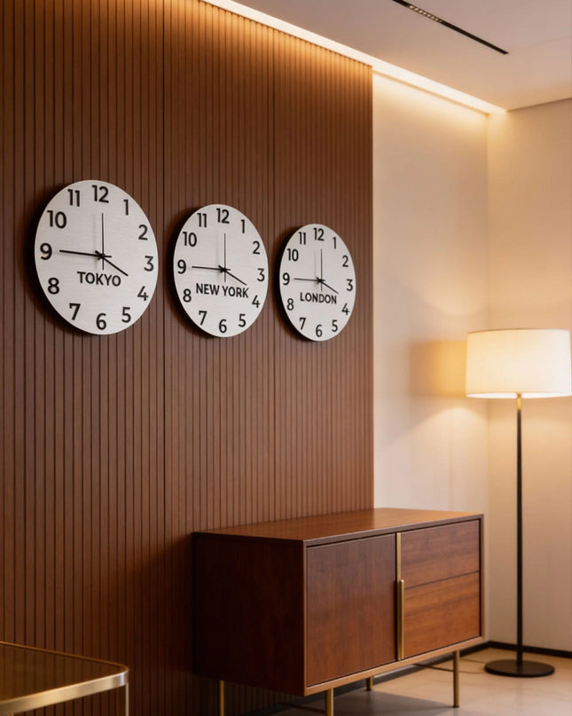 ALUMADESIGNCO elegant international time zone wall clock with custom city names, modern office wall décor for hotels, studios, reception areas, and contemporary interiors