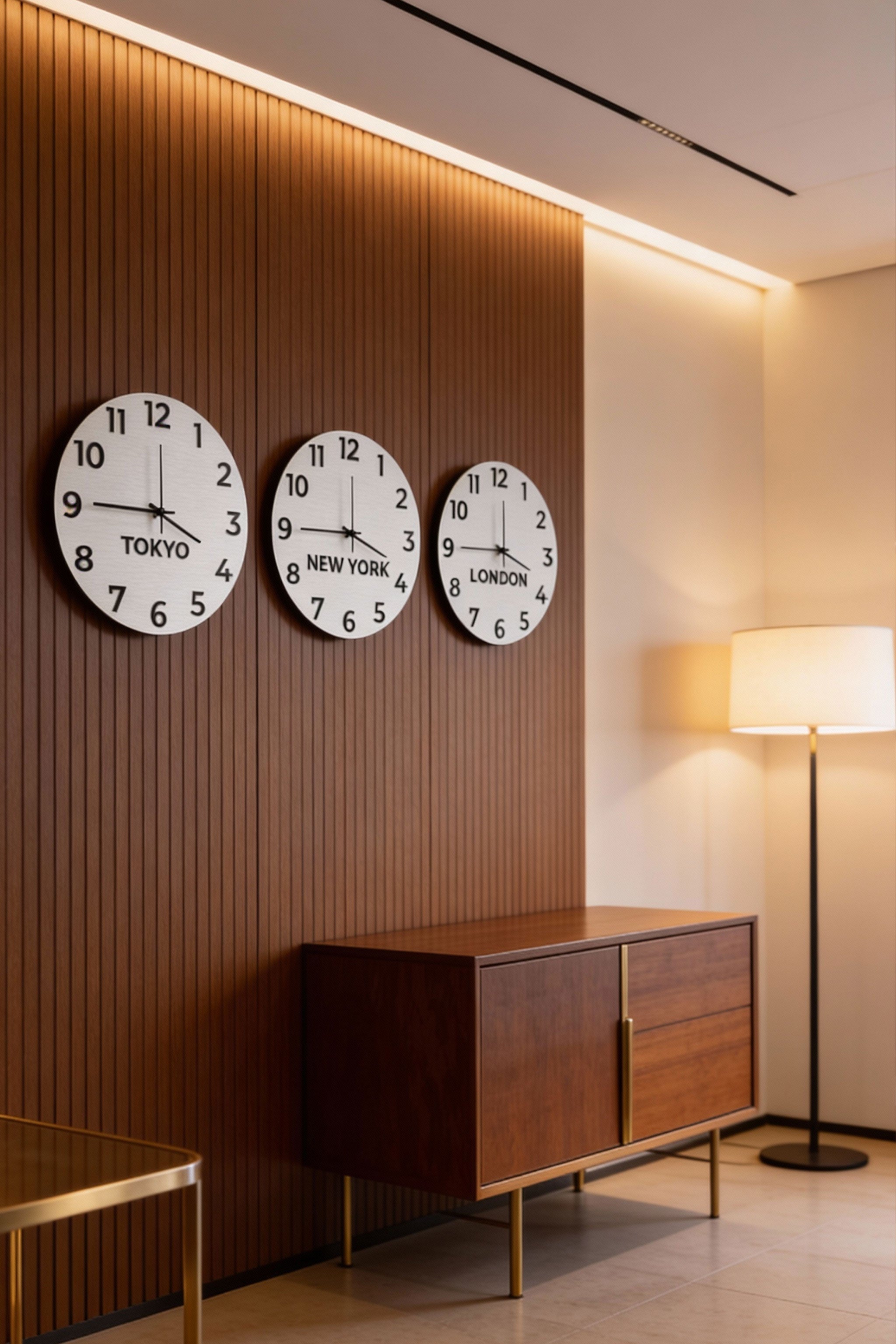 ALUMADESIGNCO elegant international time zone wall clock with custom city names, modern office wall décor for hotels, studios, reception areas, and contemporary interiors