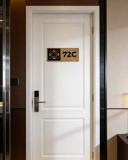 ALUMADESIGNCO premium wood and acrylic custom room number plaque with minimalist modern design, stylish signage for hotels, offices, and residential interiors