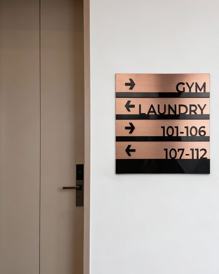 ALUMADESIGNCO premium wall plaque wayfinding sign with modern bronze style, directional signage for offices, hotels, apartments, and commercial interiors