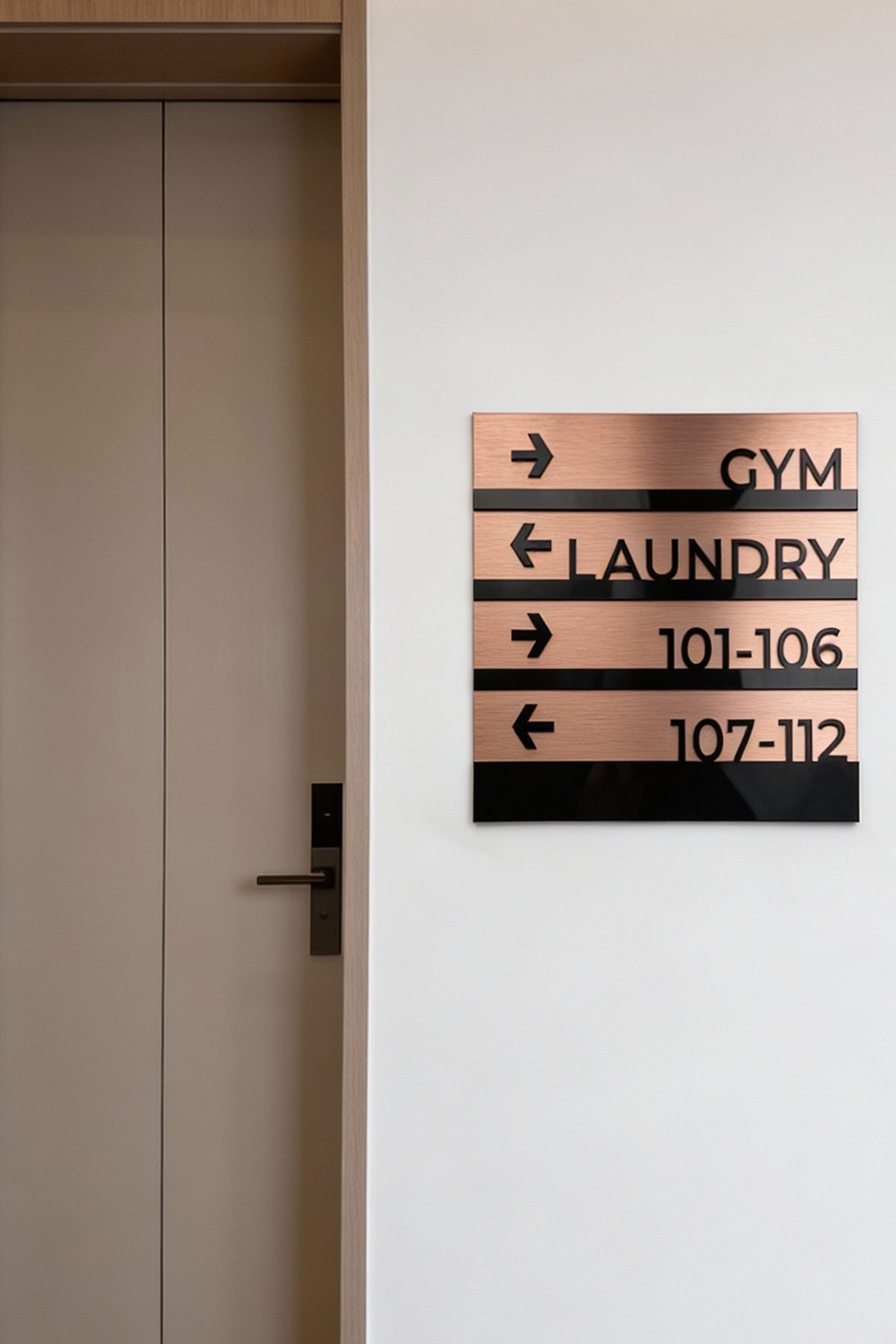 ALUMADESIGNCO premium wall plaque wayfinding sign with modern bronze style, directional signage for offices, hotels, apartments, and commercial interiors