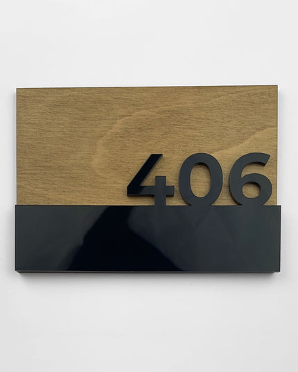 ALUMADESIGNCO Horizon wood custom door number sign with glossy black acrylic numbers, premium modern signage for hotels, Airbnb properties, and apartments