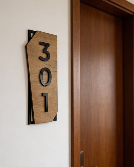 Custom vertical wooden and acrylic room number sign by ALUMADESIGNCO featuring natural wood base and acrylic numbers, modern door plaque for hotel rooms and apartment doors