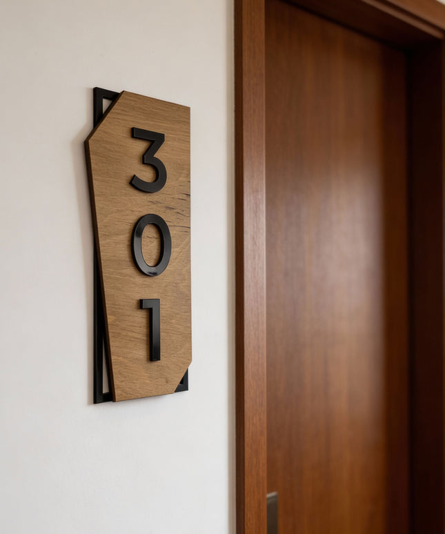 Custom vertical wooden and acrylic room number sign by ALUMADESIGNCO featuring natural wood base and acrylic numbers, modern door plaque for hotel rooms and apartment doors
