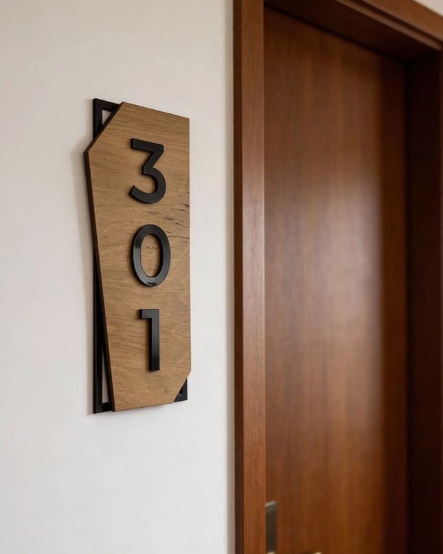 Custom vertical wooden and acrylic room number sign by ALUMADESIGNCO featuring natural wood base and acrylic numbers, modern door plaque for hotel rooms and apartment doors