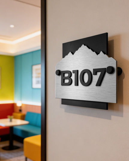 ALUMADESIGNCO Alpine brushed silver and black acrylic hotel wall number plaque with modern minimalist design, stylish signage for hotel corridors and apartment buildings