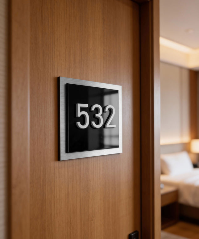 ALUMADESIGNCO 3D layered apartment door number sign with raised acrylic numbers, modern hotel and residential door signage for apartments, Airbnb properties, and offices