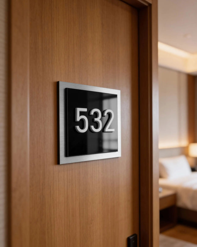 ALUMADESIGNCO 3D layered apartment door number sign with raised acrylic numbers, modern hotel and residential door signage for apartments, Airbnb properties, and offices