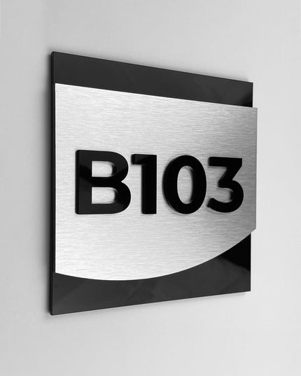 Brushed silver suite room number sign with 3D acrylic numbers by ALUMADESIGNCO, premium door plaque for hotel suites and apartment interiors