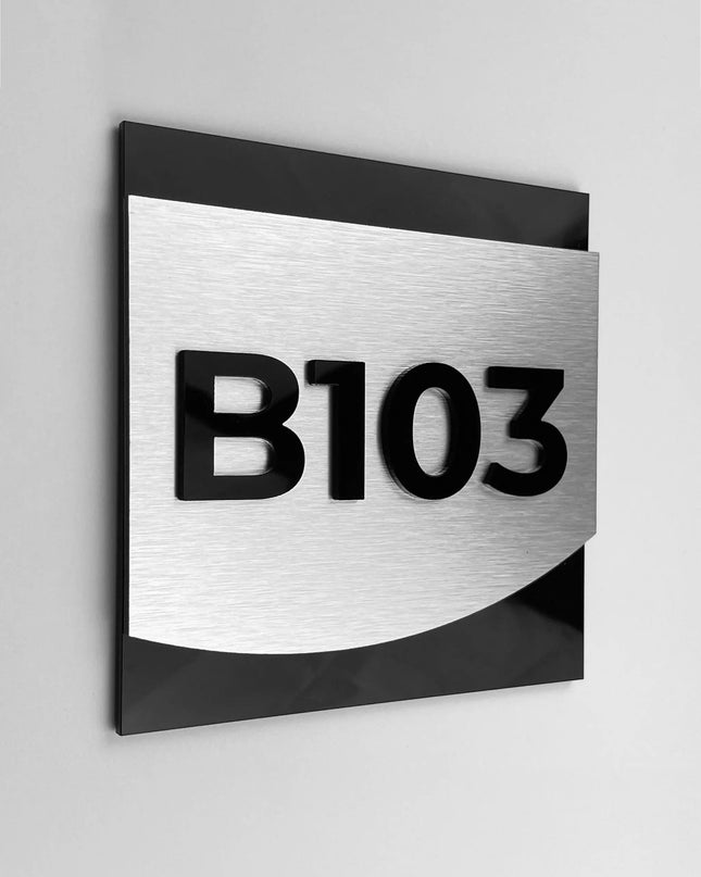 Brushed silver suite room number sign with 3D acrylic numbers by ALUMADESIGNCO, premium door plaque for hotel suites and apartment interiors