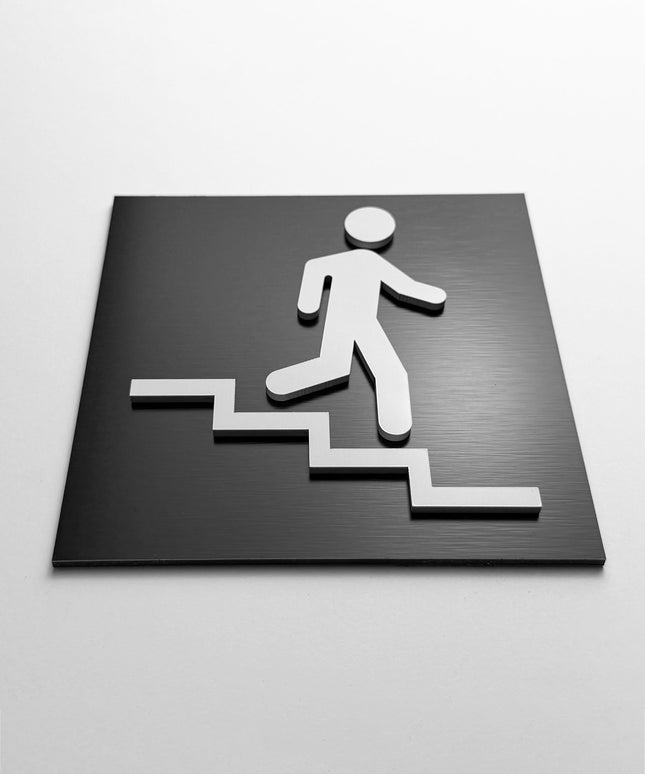 Stair sign down right by ALUMADESIGNCO, stylish directional plaque for stairways, corridors, offices, and public interior spaces