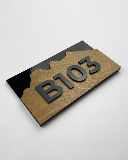 ALUMADESIGNCO Alpine Design birch plywood apartment door number sign with raised acrylic glass numbers, modern door signage for apartments, offices, and hospitality interiors