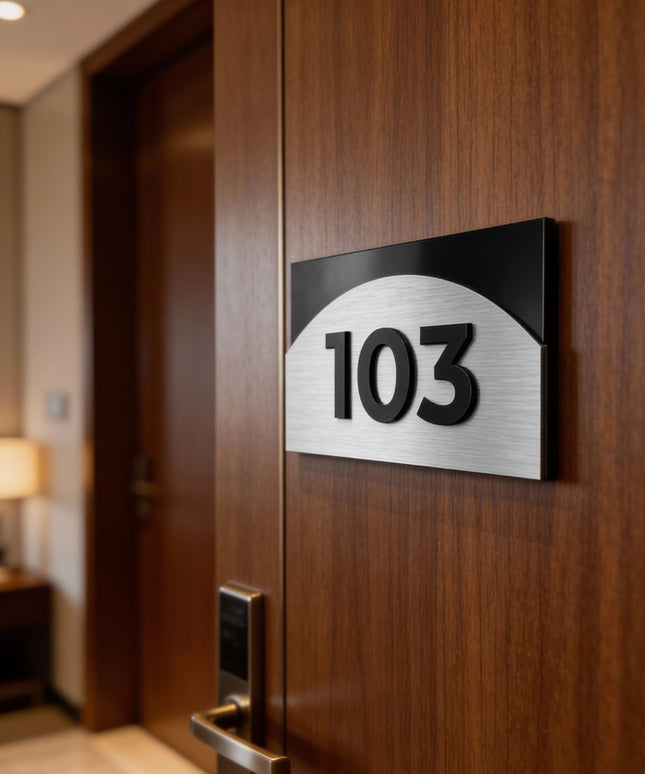 ALUMADESIGNCO Flow Design premium brushed silver and acrylic 3D apartment number sign, modern door signage for apartments, condos, and office interiors